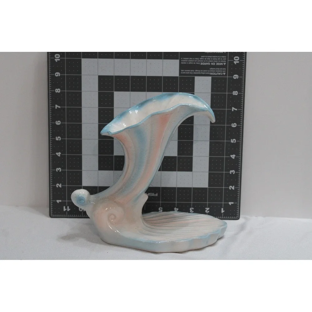Vintage Blue Pink Ceramic Cornucopia Shell Vase Scalloped Coastal Decor